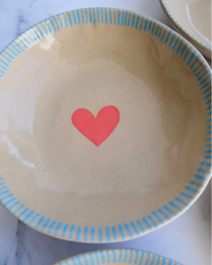Hand-painted neutral ceramic bowl with heart and stripe detail - Le Voy Atelier South Africa