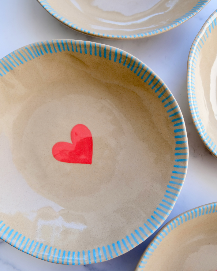 Hand-painted neutral ceramic bowl with heart and stripe detail - Le Voy Atelier South Africa